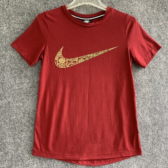 Nike Tee T-Shirt Women XS Dark Red Flower Swoosh Short Sleeve - Picture 2 of 8
